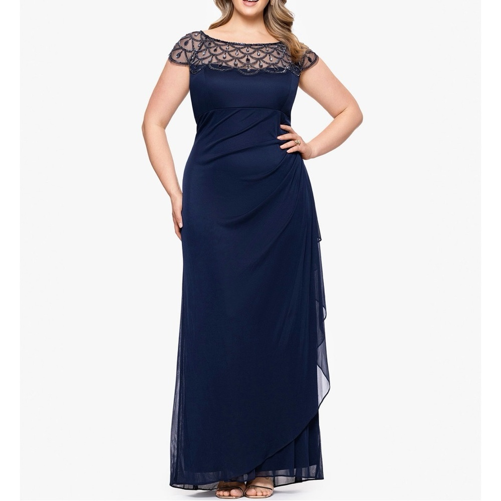 Xscape Sheer Boat Neckline Long Sheath Evening Gown Navy Wedding Party NYE 16W